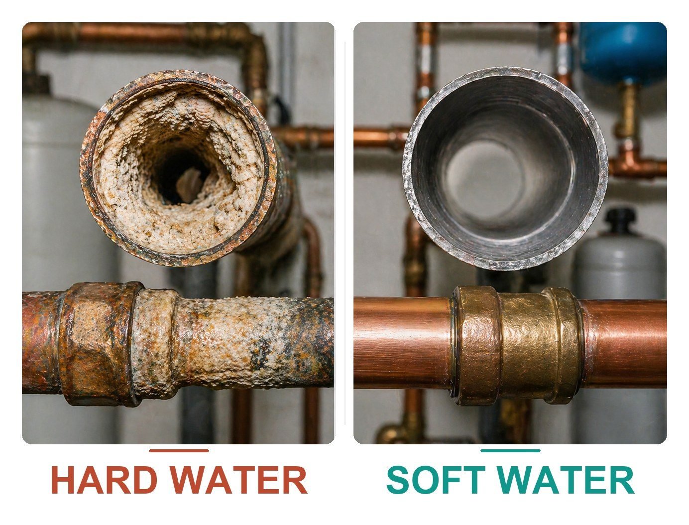 Hard water versus soft water — inside of a pipe