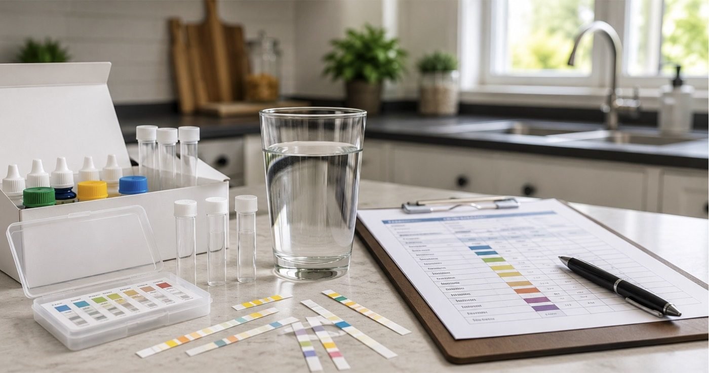 Water testing kit with test strips and results sheet